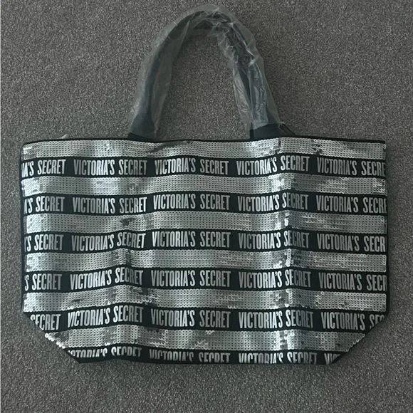 New Victoria Secret Silver Sequenced Large Black Tote With Mini Make Up Bag - Picture 3 of 6